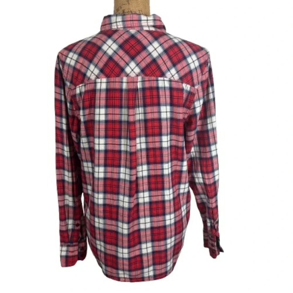 J.Crew Shrunken Boy Shirt Cerise Plaid Red Navy Cotton Flannel Cabincore Size 12